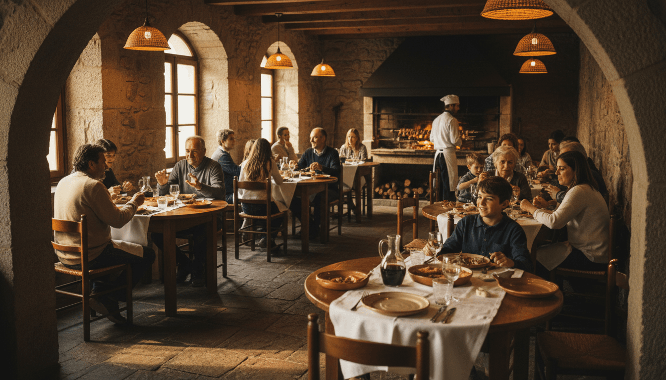 Interior acolhedor do Rui dos Leitões em Torre de Vilela, com mesa posta e especialidades do restaurante